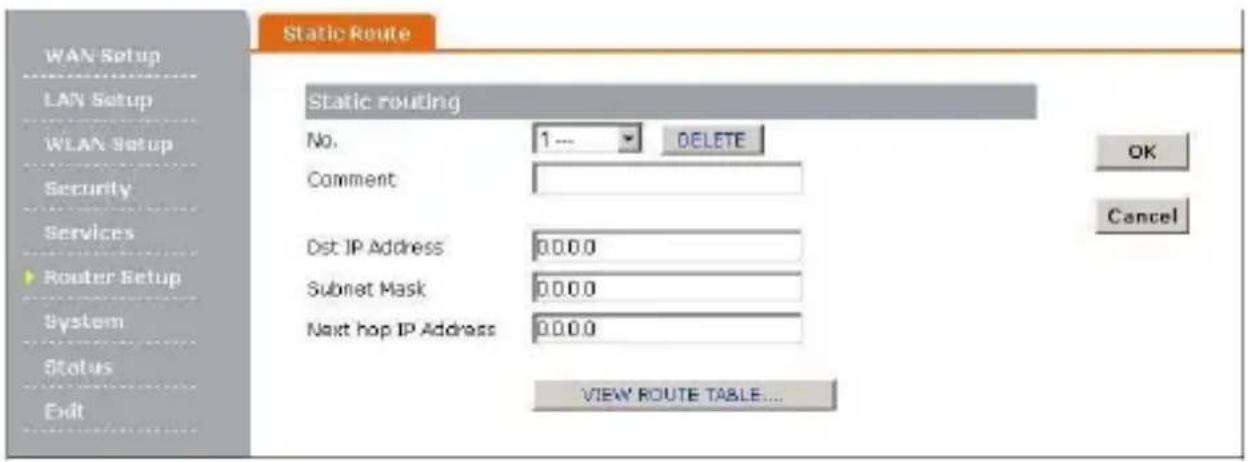 Static Route Static routing No. 1 --- DELETE Comment Dst IP Address 00.0.0 Subnet Mask 00.0.0 Next hop IP Address 00.0.0 VIEW ROUTE TABLE...
