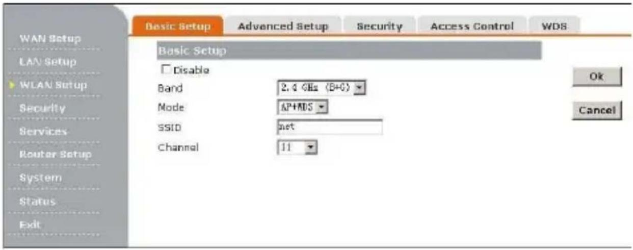 WAN Setup LAN Setup WLAN Setup Security Services Router Setup System Status Exit Basic Setup Advanced Setup Security Access Control WDS Basic Setup Disable Band 2.4 GBx (B+C) Mode AP+ADS SSID Imp Channel 11 Ok Cancel