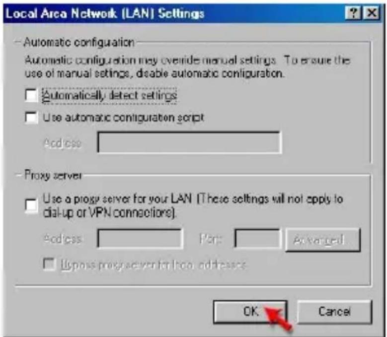 Local Area Network (LAN) Settings Automatic configuration Automatic configuration may override manual settings. To ensure the use of manual settings, disable automatic configuration. Automatically detect settings Use automatic configuration script Address: Proxy server Use a proxy server for your LAN (These settings will not apply to dial-up or VPN connectors). Address: Port: Advanced Uppose proxy server for how addresses OK Cancel