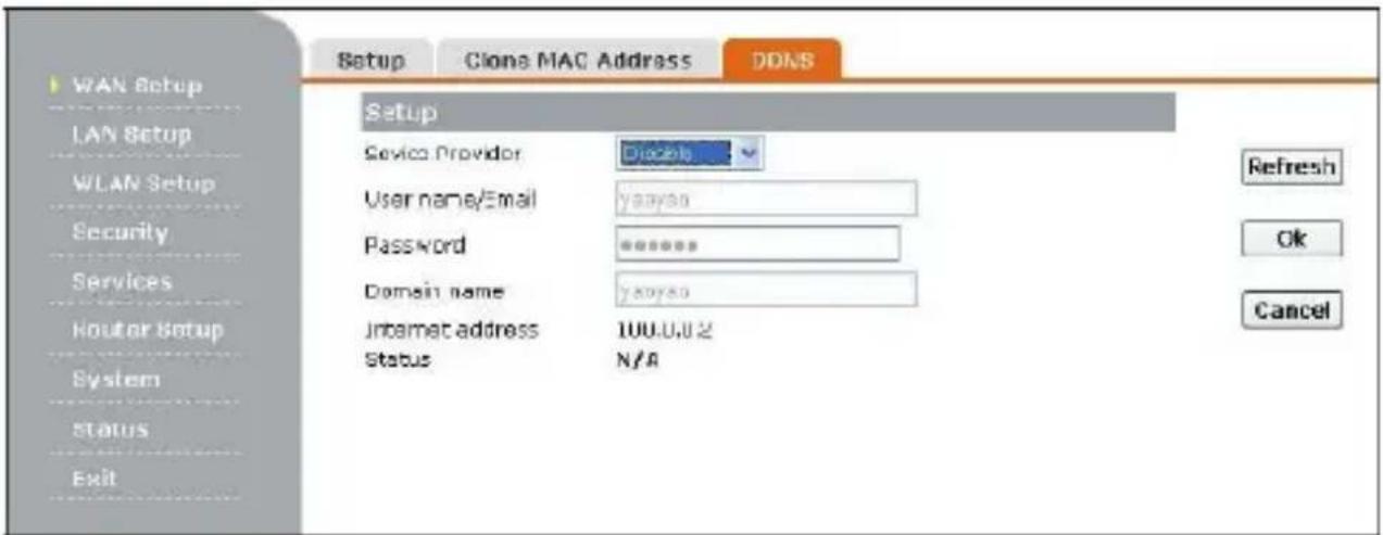 Setup Clone MAC Address DDNS WAN Setup LAN Setup WLAN Setup Security Services Router Setup System Status Exit Setup Service Provider Disable User name/Email y80y80 Password ****** Domain name y80y80 Internet address 100.0.0.2 Status N/A Refresh Ok Cancel