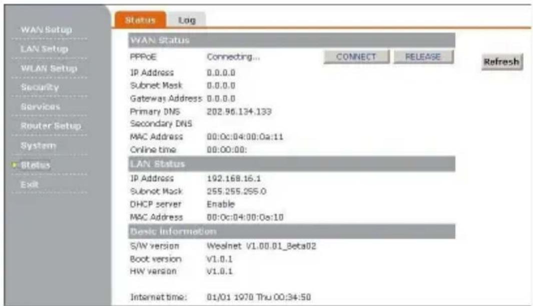 WAN Setup LAN Setup WLAN Setup Security Services Router Setup System Status Exit Status Log WAN Status PPPoE Connecting... CONNECT RELEASE Refresh IP Address 0.0.0.0 Subnet Mask 0.0.0.0 Gateway Address 0.0.0.0 Primary DNS 202.96.134.133 Secondary DNS MAC Address 00:0c:04:00:0a:11 Online time 00:00:00: LAN Status IP Address 192.168.16.1 Subnet Mask 255.255.255.0 DHCP server Enable MAC Address 00:0c:04:00:0a:10 Basic Information S/W version Wealnet V1.00.01_Beta02 Boot version V1.0.1 HW version V1.0.1 Internet time: 01/01 1978 Thu 00:34:50
