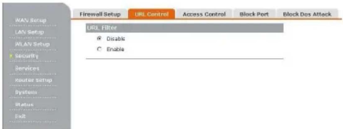 Firewell Setup URL Control Access Control Block Port Block Dos Attack URL Filter ● Disable ○ Enable