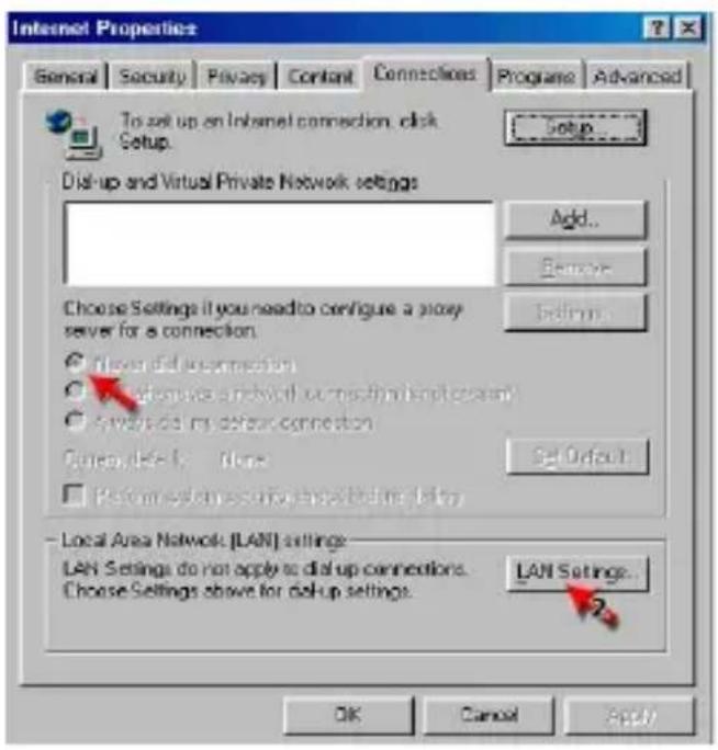 Internet Properties General Security Privacy Content Connections Programs Advanced To set up on Internet connection, disk Setup. Disk-up and Virtual Private Network settings Add... Remove Settings Choose Settings if you need to configure a proxy server for a connection. Never did connection Choose network or network connection Save the option connection Cancel OK Select Output Platform security above the Info Local Area Network [LAN] settings LAN Settings do not apply to disk-up connections. Choose Settings above for disk-up settings. LAN Settings... OK Cancel Apply