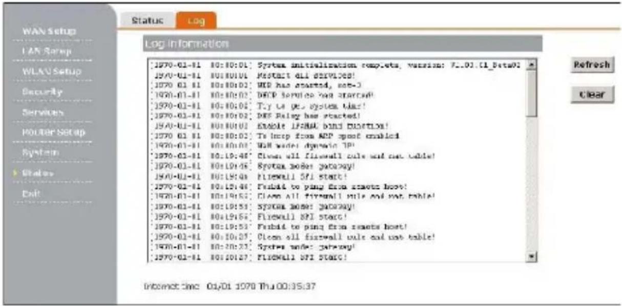 WAN Setup LAN Setup WLAU Setup Security Services POLDER Setup System Status Exit Log Information [1970-01-01 00:00:01: System initialization complets, version: F..01.1_Beta01] [1970-01-01 00:00:01: Restart all services! [1970-01-01 00:00:02: WD has started, not-3] [1970-01-01 00:00:02: DHCP service reg started! [1970-01-01 00:00:04: T,y to ge, system size! [1970-01-01 00:00:02: DEF Raley has started! [1970-01-01 00:00:03: Enable IF/HAL BIND DICTION! [1970-01-01 00:00:02: To loop from ARP proof enabled! [1970-01-01 00:00:03: WAB wodes dynamic 7PI! [1970-01-01 00:19:45: Clean all firewall rule and net table! [1970-01-01 00:19:46: System nodes gateway! [1970-01-01 00:19:48: Firewall SFI start! [1970-01-01 00:15:48: Festival to ping from assets host! [1970-01-01 00:19:53: Clean all firewall rule and net table! [1970-01-01 00:19:53: System home: gateway! [1970-01-01 00:19:54: Firewall SFI start! [1970-01-01 00:19:53: Festival to ping from assets host! [1970-01-01 00:19:53: Clean all firewall rule and net table! [1970-01-01 00:26:23: System node: gateway! [1970-01-01 00:26:23: Firewall SFI start! Internet time: 01/01 1970 Thu 26:35:37
