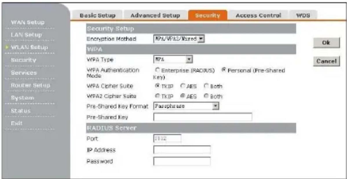 WAN Setup LAN Setup WLAN Setup Security Services Router Setup System Status Exit Basic Setup Advanced Setup Security Access Control WDS Security Setup Encryption Method WPA/VPA2/Vixed WPA WPA Type WPA WPA Authentication Mode ○ Enterprise (RADIUS) ● Personal (Pre-Shared Key) WPA Cipher Suite ● TKIP ○ AES ○ Both WPA2 Cipher Suite ● TKIP ● AES ○ Both Pre-Shared Key Format Passphrase Pre-Shared Key RADIUS Server Port: 1812 IP Address Password Ok Cancel