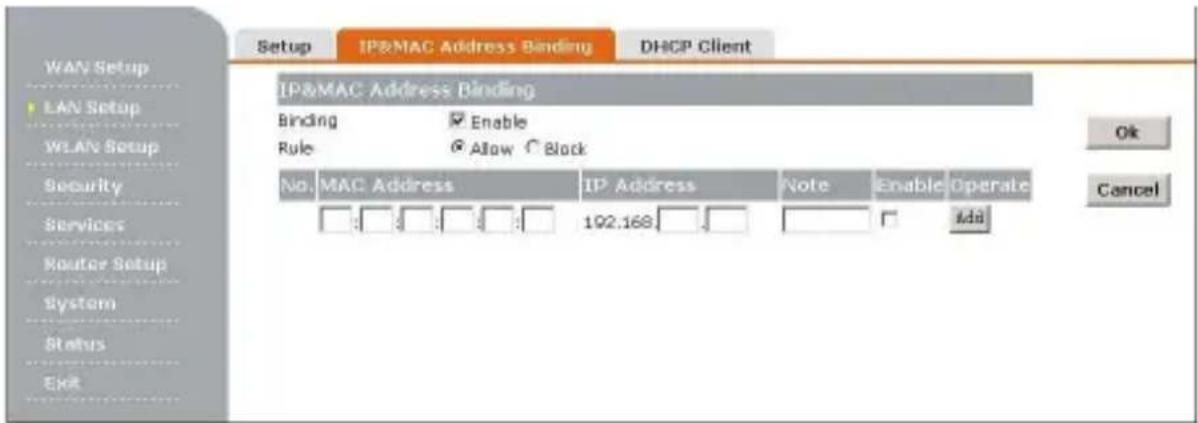 Setup IP&MAC Address Binding DHCP Client IP&MAC Address Binding Binding Enable Rule Allow Block No. MAC Address IP Address Note Enable Operate Ok Cancel