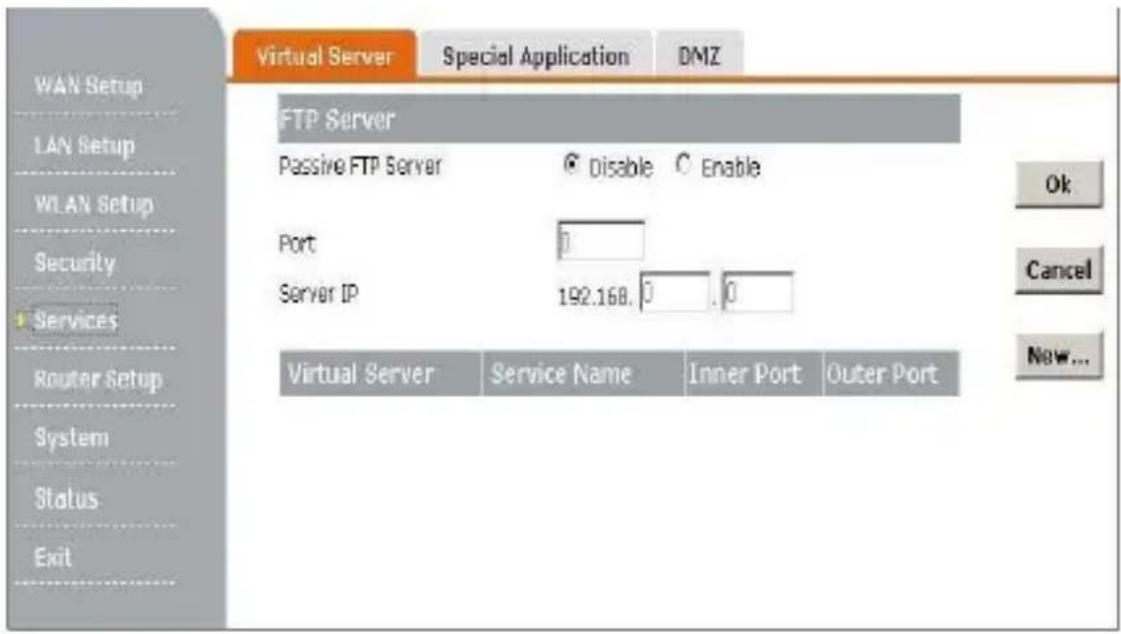 Virtual Server Special Application DMZ WAN Setup LAN Setup WLAN Setup Security Services Router Setup System Status Exit FTP Server Passive FTP Server Disable Enable Port Server IP 192.168.0 OK Cancel New...