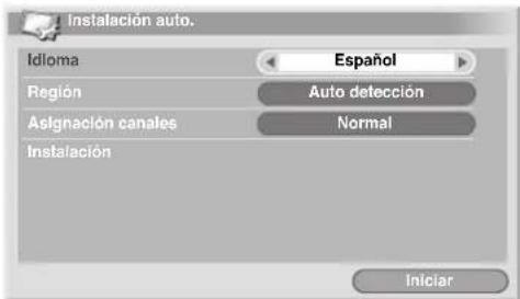Instalación auto. Idloma Español Región Auto detección Asignación canales Normal Instalación Iniciar