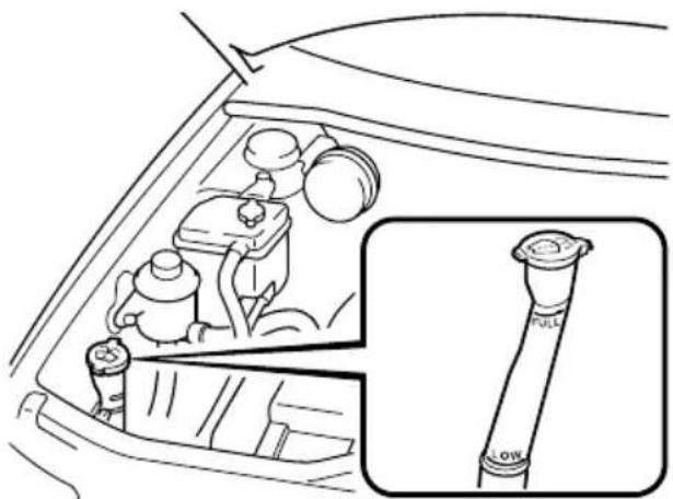 Diagram of a car interior showing engine compartment with fuel tank and exhaust pipe, including an inset view of the exhaust pipe labeled 'FULL' and 'LOW'.