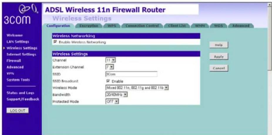 ADSL Wireless 11n Firewall Router Wireless Settings Configuration Encryption WPS Connection Control Client List WMM WDS Advanced Wireless Networking Enable Wireless Networking Channel 11 Extension Channel 7 SSID 3Com SSID Broadcast Enable Wireless Mode Mixed 002.11n, 002.11g and 002.11b Bandwidth 20/40MHz Protected Mode OFF Help Apply Cancel Welcome LAN Settings Wireless Settings Internet Settings Firewall Advanced VPN System Tools Status and Logs Support/Feedback LOG OUT