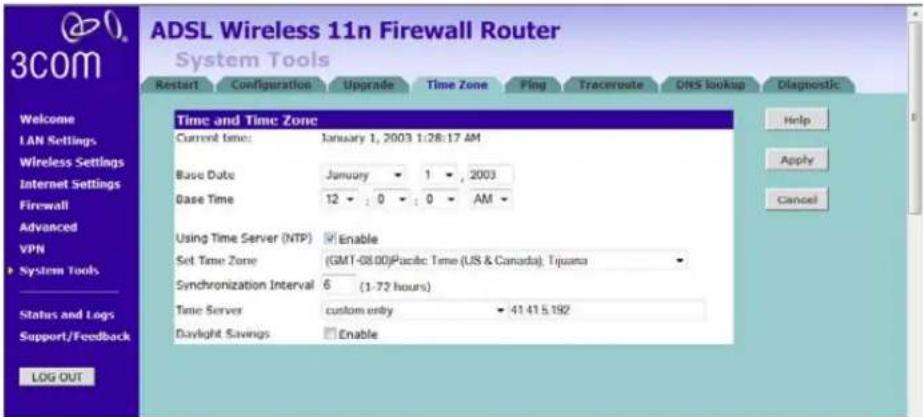 ADSL Wireless 11n Firewall Router System Tools Reset1 Configuration Upgrade Time Zone Ping Tracerroute DNS lookup Diagnostic Time and Time Zone Current time: January 1, 2003 1:28:17 AM Base Date January 1 2003 Base Time 12 : 0 : 0 AM Using Time Server (NTP) Enable Set Time Zone (GMT-08.00)Pacific Time (US & Canada). Tijuana Synchronization Interval 6 (1-72 hours) Time Server custom only ▼ 41 41 5.192 Daylight Savings Enable Welcome LAN Settings Wireless Settings Internet Settings Firewall Advanced VPN System Tools Status and Logs Support/Feedback LOG OUT Help Apply Cancel