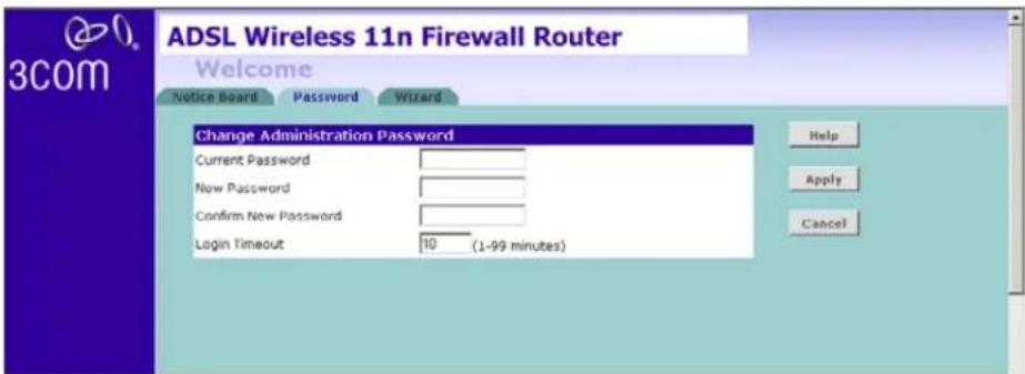 ADSL Wireless 11n Firewall Router Welcome Notice Board Password Wizard Change Administration Password Current Password New Password Confirm New Password Login Timeout 10 (1-99 minutes) Help Apply Cancel