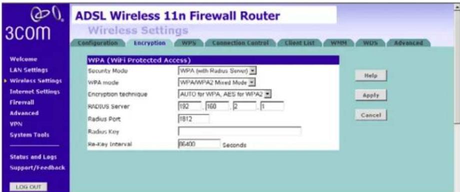 ADSL Wireless 11n Firewall Router Wireless Settings Configuration Encryption WPS Connection Control Client List WMM W0% Advanced WELCOME LAN Settings ► Wireless Settings Internet Settings Firewall Advanced VPN System Tools Status and Logs Support/Feedback LOG OUT WPA (WiFi Protected Access) Security Mode WPA (with Radius Server) WPA mode WPA/WPA2 Mixed Mode Encryption technique AUTO for WPA, AES for WPA2 RADIUS Server 192 160 2 1 Radius Port 1812 Radius Key Re-Key Interval 96400 Seconds Help Apply Cancel