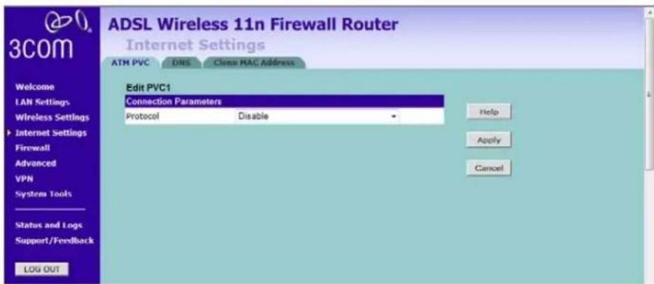 ADSL Wireless 11n Firewall Router Internet Settings ATM PVC DNS Clean MAC Address Edit PVC1 Connection Parameters Protocol Disable Help Apply Cancel Welcome LAN Settings Wireless Settings Internet Settings Firewall Advanced VPN System Tools Status and Logs Support/Feedback LOG OUT