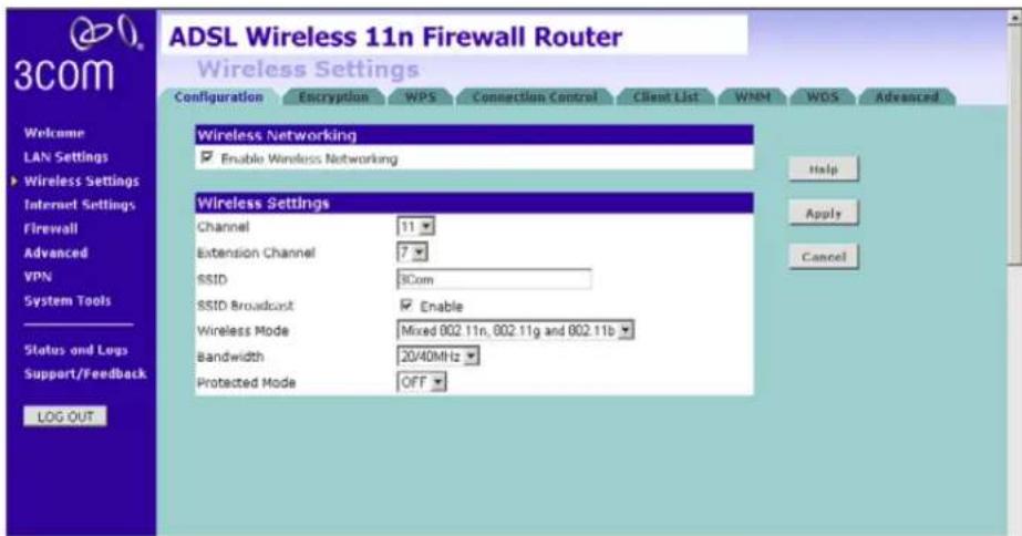 ADSL Wireless 11n Firewall Router Wireless Settings Configuration Encryption WPS Connection Control Client List WNN WDS Advanced Wireless Networking Enable Wireless Networking Wireless Settings Channel 11 Extension Channel 7 SSID 3Com SSID Broadcast Enable Wireless Mode Mixed 802.11n, 802.11g and 802.11b Bandwidth 20/40MHz Protected Mode OFF Help Apply Cancel Welcome LAN Settings Wireless Settings Internet Settings Firewall Advanced VPN System Tools Status and Logs Support/Feedback LOG OUT
