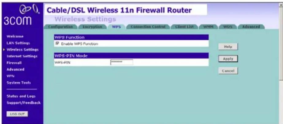 Cable/DSL Wireless 11n Firewall Router Wireless Settings Configuration Encryption WPS Connection Control Client List WMM WDS Advanced WPS Function Enable WPS Function WPS-PIN Mode WPS-PIN Help Apply Cancel Welcome LAN Settings Wireless Settings Internet Settings Firewall Advanced VPN System Tools Status and Logs Support/Feedback LOG OUT