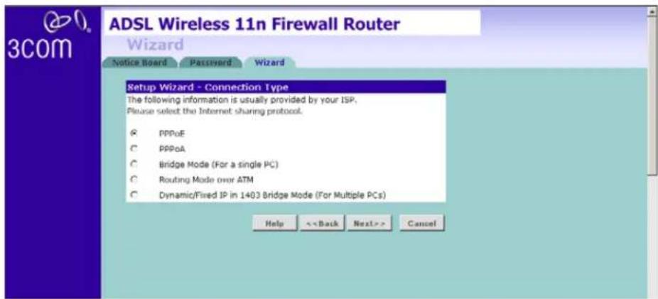 ADSL Wireless 11n Firewall Router Wizard Notice Board Password Wizard Setup Wizard - Connection Type The following information is usually provided by your ISP. Please select the Internet sharing protocol. ○ PPPoE ○ PPPoA ○ Bridge Mode (For a single PC) ○ Routing Mode over ATM ○ Dynamic/Fixed IP in 1403 Bridge Mode (For Multiple PCs) Help <> Cancel