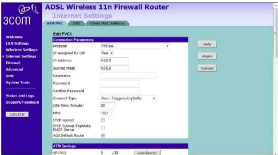 ADSL Wireless 11n Firewall Router Internet Settings ATM PVC DNS Close MAC Address Edit PVC1 Connection Parameters Protocol PPPoA IP assigned by ISP Yes IP Address 0.0.0 Subnet Mask 0.0.0 Username Password Confirm Password Connect Type Auto - Triggered by traffic Idle Time (Minute) 20 MTU 1454 IPCP subnet IPCP Subnet Populate DHCP Server Add Default Route ATM Settings VPI/VCI 0 /38 Auto Search Help Apply Cancel Welcome LAN Settings Wireless Settings Internet Settings Firewall Advanced VPN System Tools Status and Logs Support/Feedback LOG OUT