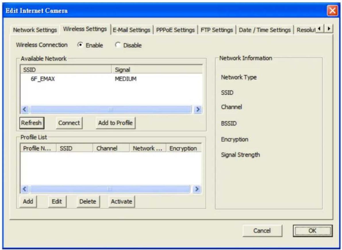 Edit Internet Camera Network Settings Wireless Settings E-Mail Settings PPPoE Settings FTP Settings Date / Time Settings Resolut Wireless Connection Enable Disable Available Network SSID Signal 6F_EMAX MEDIUM Refresh Connect Add to Profile Profile List Profile N... SSID Channel Network ... Encryption Add Edit Delete Activate Network Information Network Type SSID Channel BSSID Encryption Signal Strength Cancel OK