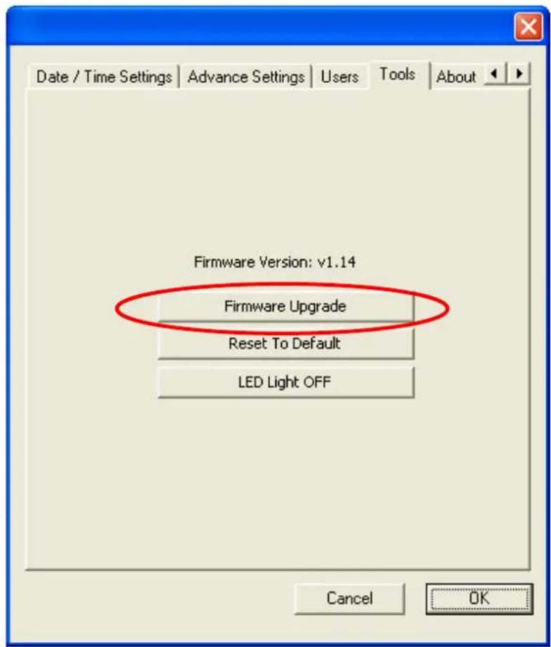 Date / Time Settings | Advance Settings | Users | Tools | About Firmware Version: v1.14 Firmware Upgrade Reset To Default LED Light OFF Cancel OK