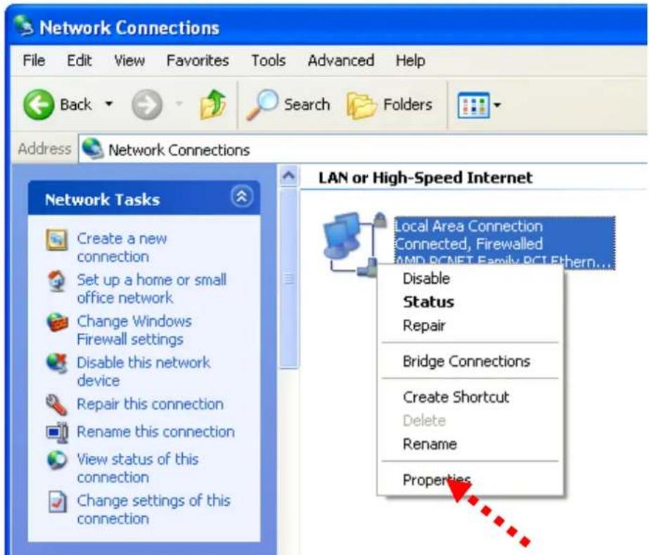 Network Connections File Edit View Favorites Tools Advanced Help Back Search Folders Address Network Connections Network Tasks Create a new connection Set up a home or small office network Change Windows Firewall settings Disable this network device Repair this connection Rename this connection View status of this connection Change settings of this connection LAN or High-Speed Internet Local Area Connection Connected, Firewalled AMD-PCNET Family PCI Ethern... Disable Status Repair Bridge Connections Create Shortcut Delete Rename Properties