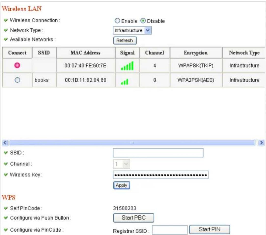 Wireless LAN ✓ Wireless Connection : ○ Enable ● Disable ✓ Network Type : Infrastructure ✓ ✓ Available Networks : Refresh Connect SSID MAC Address Signal Channel Encryption Network Type ● 00:07:40:FE:60:7E ▼ 4 WPAPSK(TKIP) Infrastructure ○ books 00:1B:11:62:84:68 ▼ 8 WPA2PSK(AES) Infrastructure < ✓ SSID : ▼ ✓ Channel : 1 ✓ Wireless Key : •••••••••••••••••••••••••••••••••••••••••••• Apply WPS ✓ Self PinCode : 31500203 ✓ Configure via Push Button : Start PBC ✓ Configure via PinCode : Registrar SSID : Start PIN