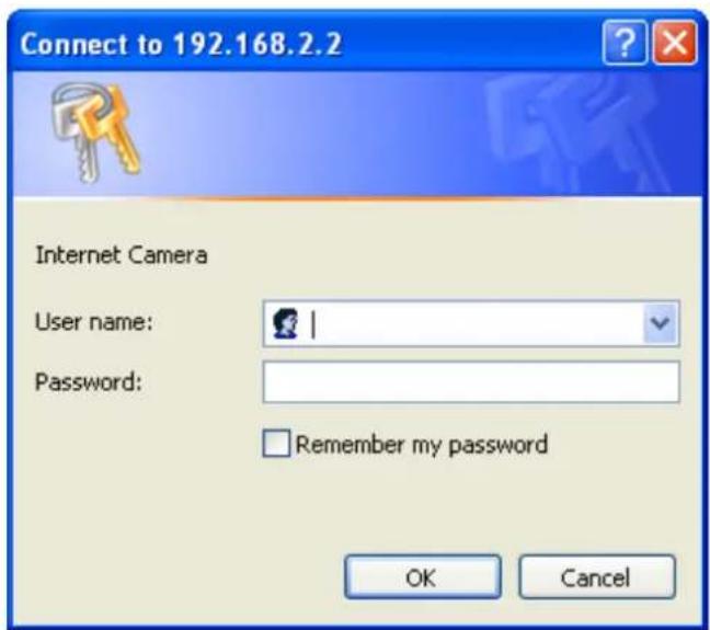 Connect to 192.168.2.2 Internet Camera User name: Password: Remember my password OK Cancel