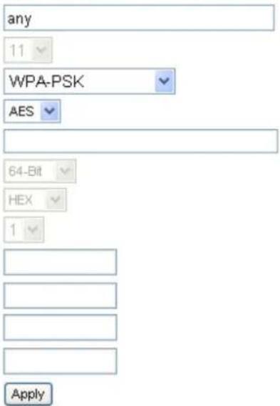 any 11 WPA-PSK AES 64-Bit HEX 1 Apply
