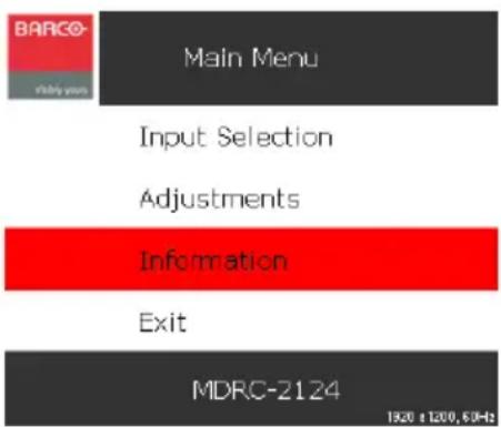 BARCO Main Menu Input Selection Adjustments Information Exit MDRC-2124 1920 +1200, 53Hz