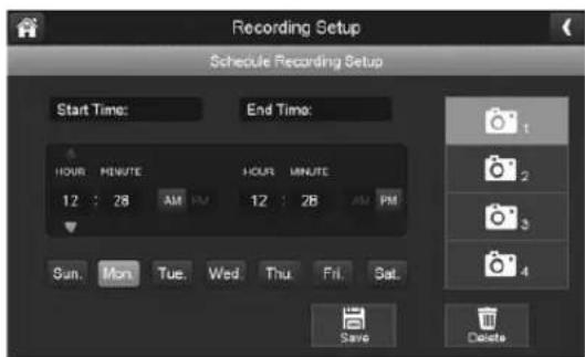 Recording Setup Schedule Recording Setup Start Time: End Time: 12 : 28 AM 12 : 28 AM PM Sun Mon Tue Wed Thu Fri Sat Save Delete