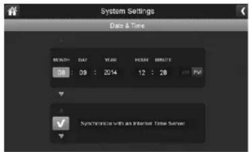 System Settings Date & Time MONTH DAY YEAR HOUR BNIUTE 08 : 09 : 2014 12 : 26 AM PM Synchronize with an Internet Time Server