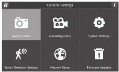 General Settings Camera Setup Recording Setup System Settings Motion Detection Settings Network Setup Firmware Upgrade