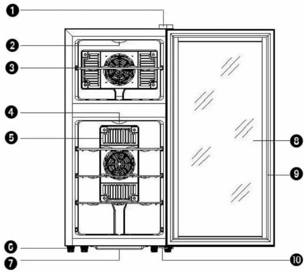 Technical diagram of a refrigerator internal structure with numbered labels pointing to each component.