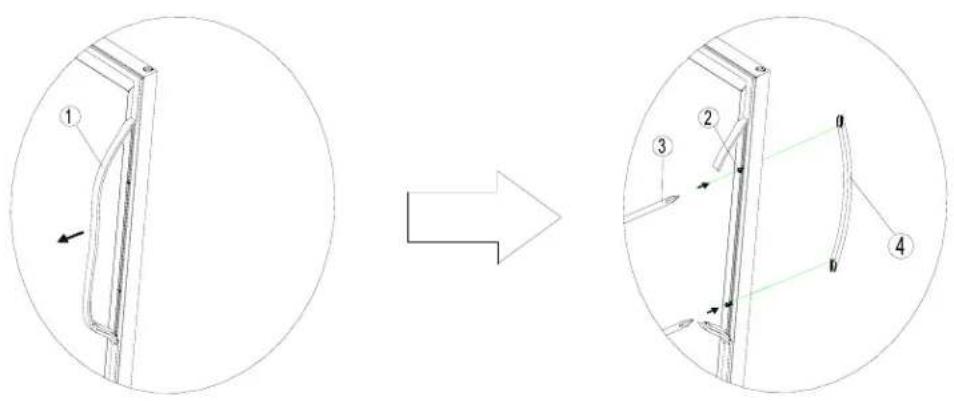 Technical diagram showing a mechanical component before and after assembly, with numbered parts and directional arrows indicating motion.