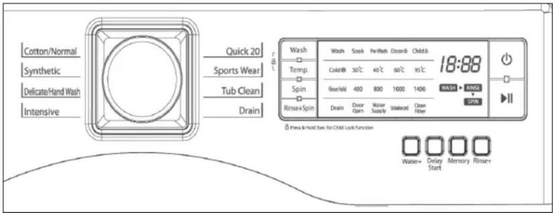 Cotton/Normal Synthetic Delicate/Hand Wash Intensive Quick 20 Sports Wear Tub Clean Drain Wash Temp. Spin Rinse+Spin Wash Soak PerWash Doorb Childb 18:88 Cold® 30℃ 40℃ 60℃ 95℃ Rise/Hole 400 800 1000 1400 WASH → RINSE SPIN Drain Door Open Water Supply Unloaded Clean Filter Press & Hold Safe for Child Lock function Water+ Delay Start Memory Rinse+