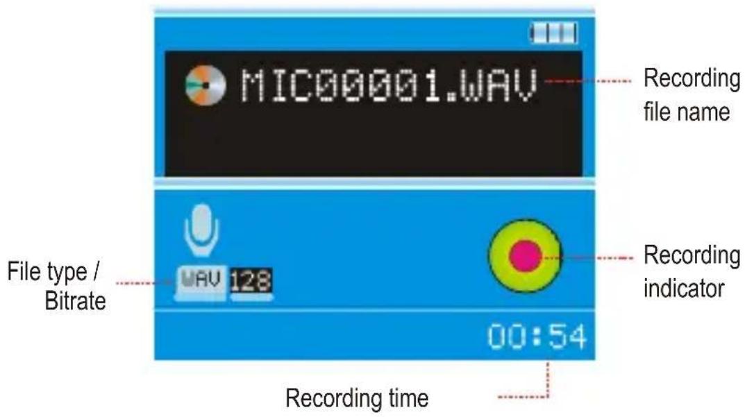 MIC00001.WAV Recording file name File type / Bitrate UAV 128 Recording indicator 00:54 Recording time