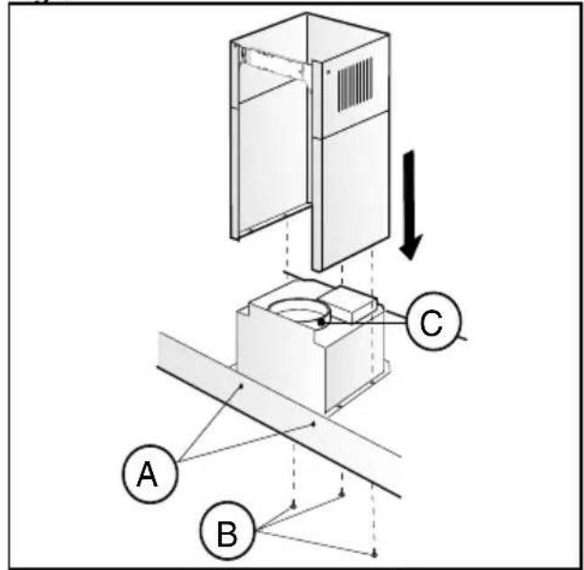 Technical diagram showing a mechanical assembly with labeled components A, B, C and directional arrows indicating motion or force.