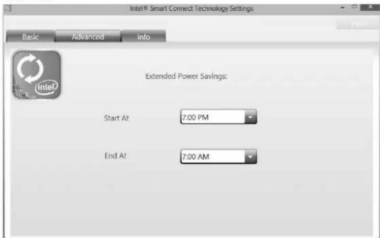 Intel® Smart Connect Technology Settings Basic Advanced Info Extended Power Savings: Start At 7:00 PM End At 7:00 AM