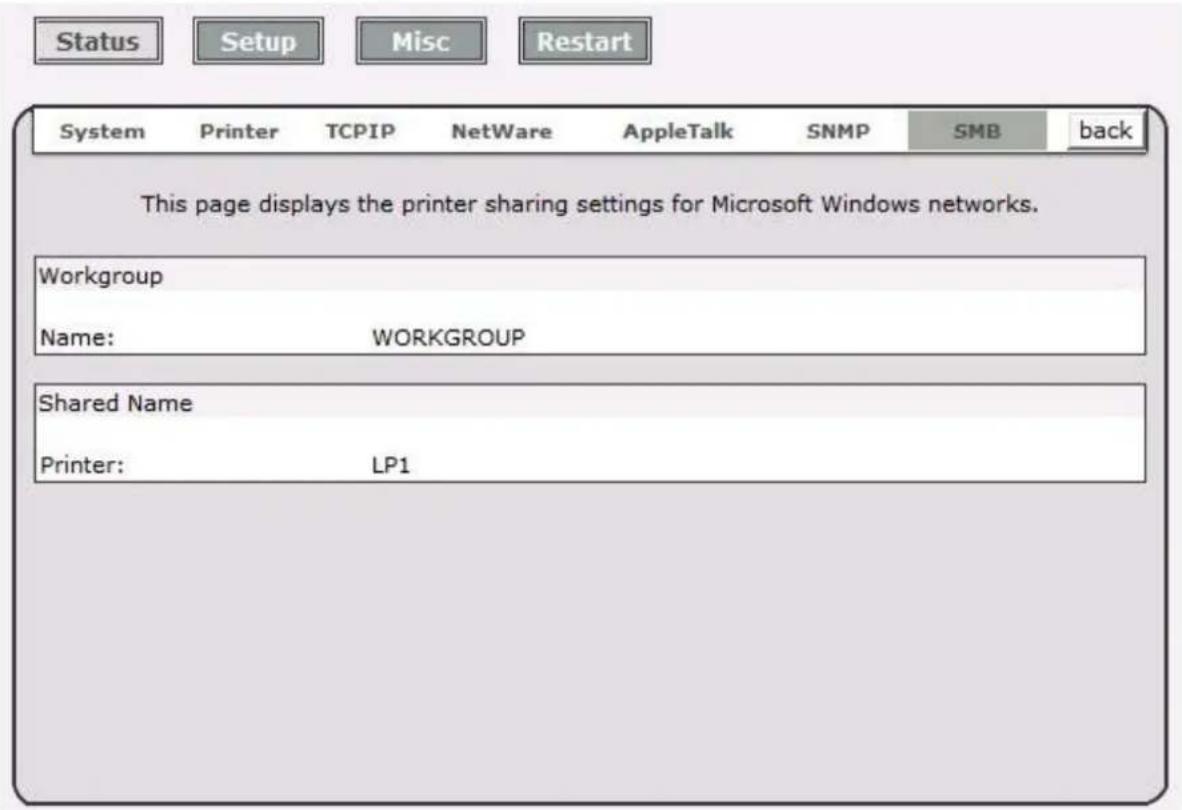Status Setup Misc Restart System Printer TCPIP NetWare AppleTalk SNMP SMB back This page displays the printer sharing settings for Microsoft Windows networks. Workgroup Name: WORKGROUP Shared Name Printer: LP1