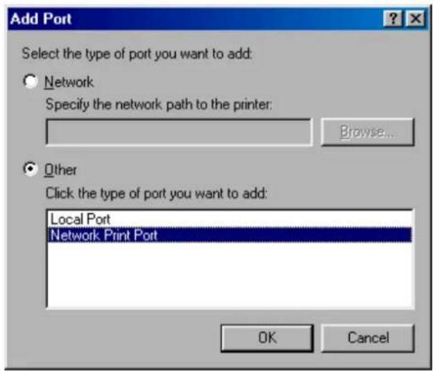 Add Port Select the type of port you want to add: Network Specify the network path to the printer: Browse... Other Click the type of port you want to add: Local Port Network Print Port OK Cancel