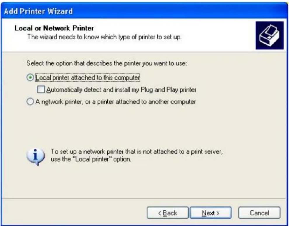 Add Printer Wizard Local or Network Printer The wizard needs to know which type of printer to set up. Select the option that describes the printer you want to use: ● Local printer attached to this computer □ Automatically detect and install my Plug and Play printer ○ A network printer, or a printer attached to another computer To set up a network printer that is not attached to a print server, use the "Local printer" option. < Back Next > Cancel