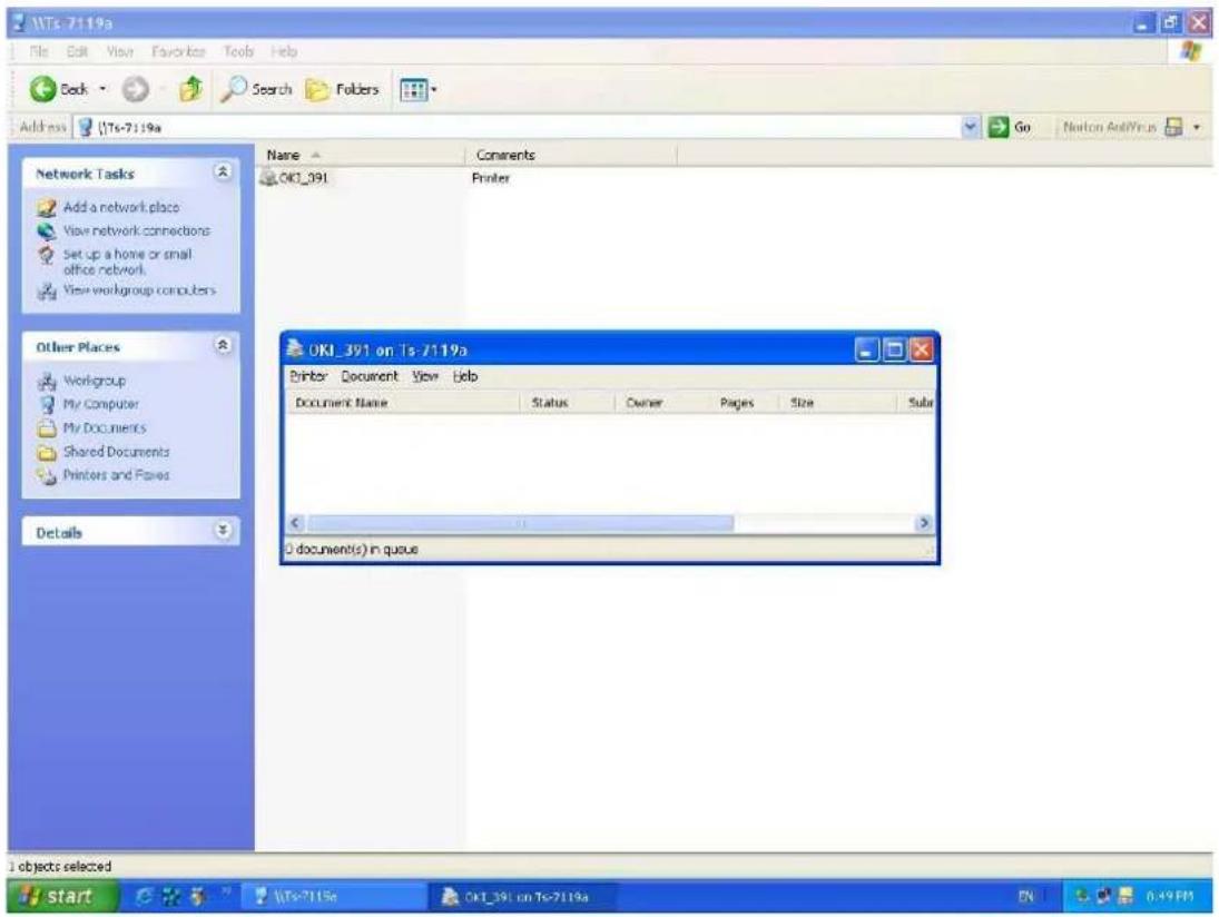 NTs-7119a File Edit View Favorites Tools Help Back Search Folders Address NTs-7119a Network Tasks Add a network place View network connections Set up a home or small office network View workgroup computers Other Places Workgroup My Computer My Documents Shared Documents Printers and Flaves Details Name Comments OKI_391 Printer OKI_391 on Ts-7119a Printer Document View Help Document Name Status Owner Pages Size Sub document(s) in queue 1 objects selected start VTs-7119a OKI_391 on Ts-7119a 0.49 PM