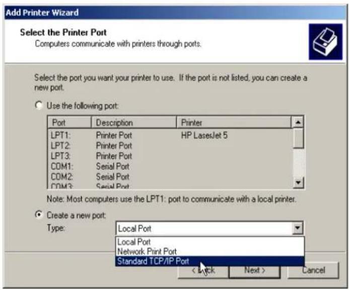 Add Printer Wizard Select the Printer Port Computers communicate with printers through ports. Select the port you want your printer to use. If the port is not listed, you can create a new port. Use the following port: Port Description Printer LPT1: Printer Port HP LaserJet 5 LPT2: Printer Port LPT3: Printer Port COM1: Serial Port COM2: Serial Port COM3: Serial Port Note: Most computers use the LPT1: port to communicate with a local printer. Create a new port: Type: Local Port Local Port Network Print Port Standard TCP/IP Port < Back Next > Cancel