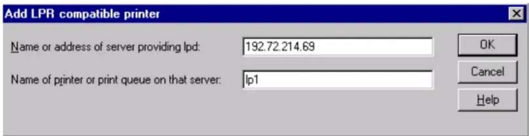 Add LPR compatible printer Name or address of server providing lpd: 192.72.214.69 Name of printer or print queue on that server: lp1 OK Cancel Help