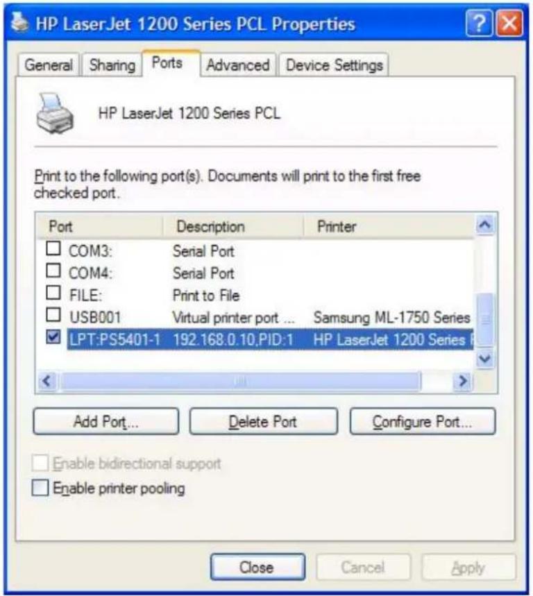 HP LaserJet 1200 Series PCL Properties General Sharing Ports Advanced Device Settings HP LaserJet 1200 Series PCL Print to the following port(s). Documents will print to the first free checked port. Port Desription Printer COM3: Serial Port COM4: Serial Port FILE: Print to File USB001 Virtual printer port ... Samsung ML-1750 Series LPT:PS5401-1 192.168.0.10,PID:1 HP LaserJet 1200 Series Add Port... Delete Port Configure Port... Enable bidirectional support Enable printer pooling Close Cancel Apply
