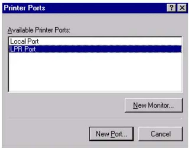Printer Ports Available Printer Ports: Local Port LPR Port New Monitor... New Port... Cancel