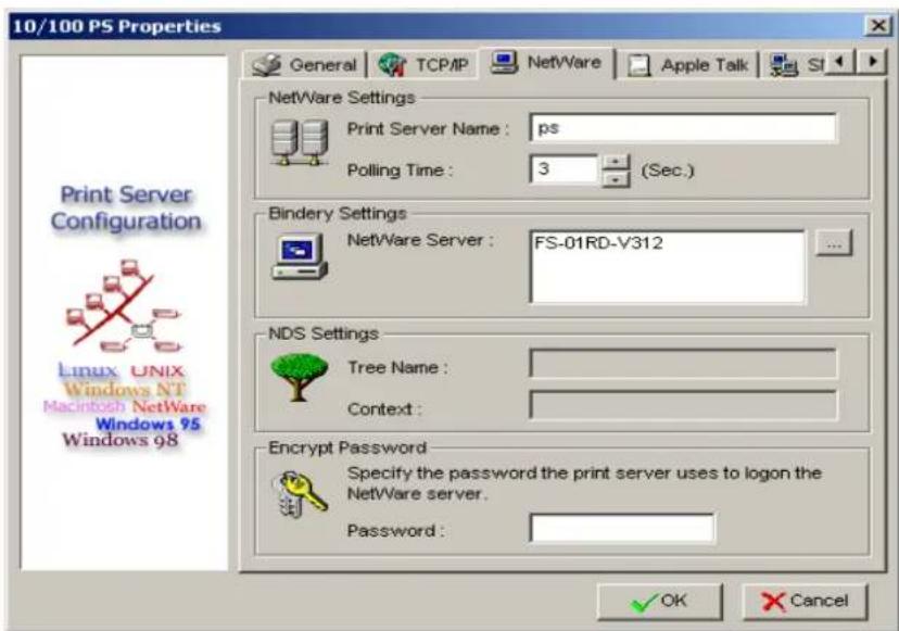 10/100 PS Properties General TCP/IP NetWare Apple Talk SI NetWare Settings Print Server Name: ps Polling Time: 3 (Sec.) Bindery Settings NetWare Server: FS-01RD-V312 NDS Settings Tree Name: Context: Encrypt Password Specify the password the print server uses to logon the NetWare server. Password: OK Cancel Print Server Configuration Linux UNIX Windows NT Macintosh NetWare Windows 95 Windows 98