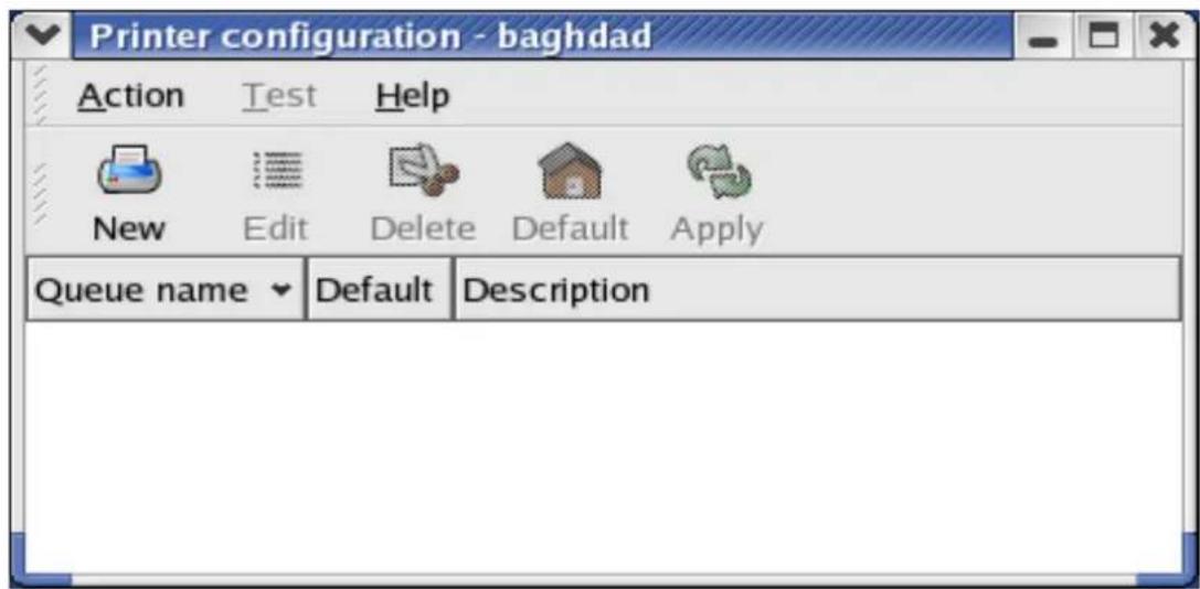 Printer configuration - baghdad Action Test Help New Edit Delete Default Apply Queue name Default Description