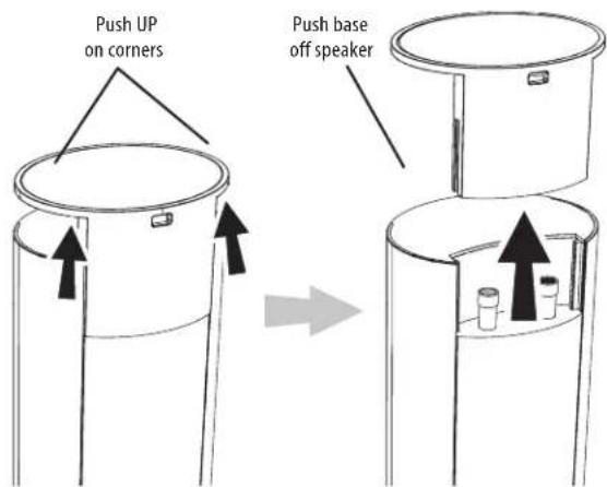 Push UP on corners Push base off speaker