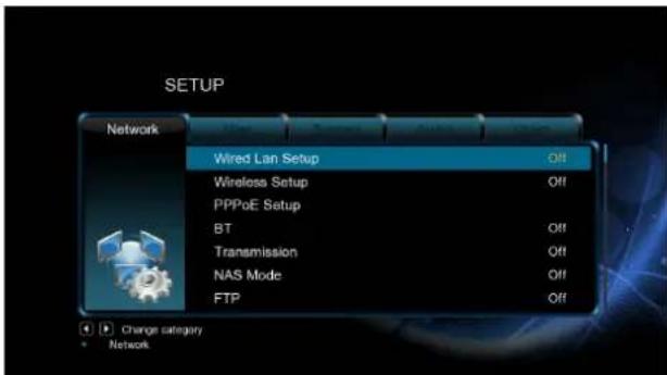 SETUP Network Wired Lan Setup Off Wireless Setup Off PPPoE Setup BT Off Transmission Off NAS Mode Off FTP Off